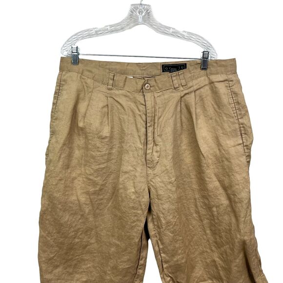Gochu Mens Shorts Linen Pleated Front Slash Pockets Zip‎ Fly Tan Size 40 - Picture 2 of 6